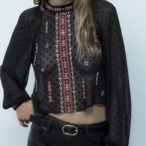 Zara embroidered swiss dot blouse medium